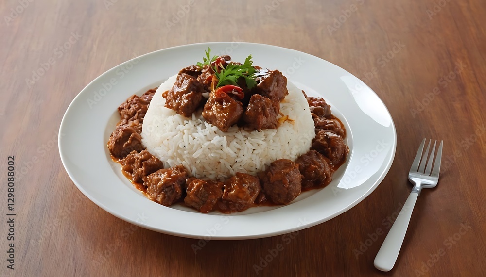 plain rice with beef chunks, with rendang sauce on top, on top of a white plate. long shot angle camera.plate, meal, delicious, food, lunch, meat, vegetable, cookery, sauce, beef, chicken,76 plain rice with beef chunks, with rendang sauce on top, on top of a white plate. long shot angle camera.plate, meal, delicious, food, lunch, meat, vegetable, cookery, sauce, beef, chicken,76