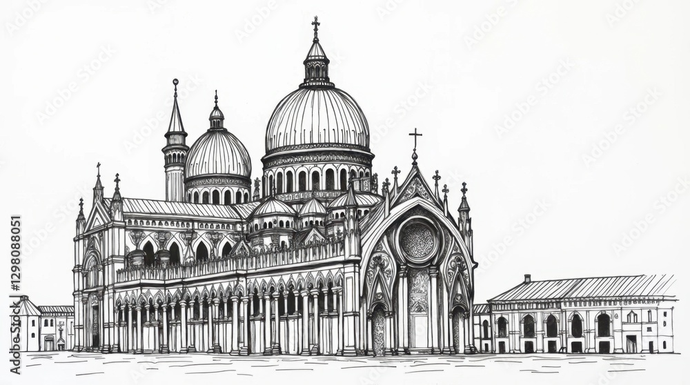 Obraz premium Intricate Ink Drawing of St. Mark's Basilica, Byzantine Style