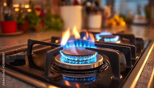 Kitchen gas stovetop flames cooking