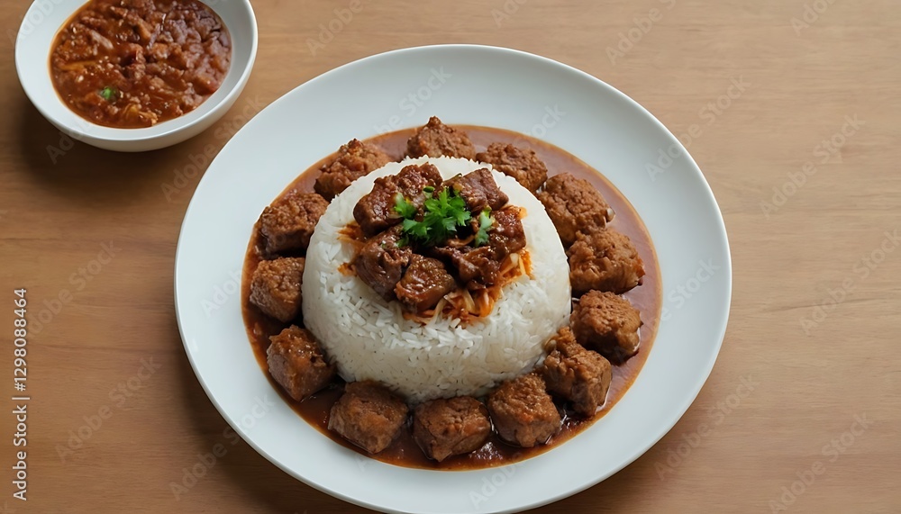 plain rice with beef chunks, with rendang sauce on top, on top of a white plate. long shot angle camera.plate, meal, delicious, food, lunch, meat, vegetable, cookery, sauce, beef, chicken, 456 plain rice with beef chunks, with rendang sauce on top, on top of a white plate. long shot angle camera.plate, meal, delicious, food, lunch, meat, vegetable, cookery, sauce, beef, chicken, 456
