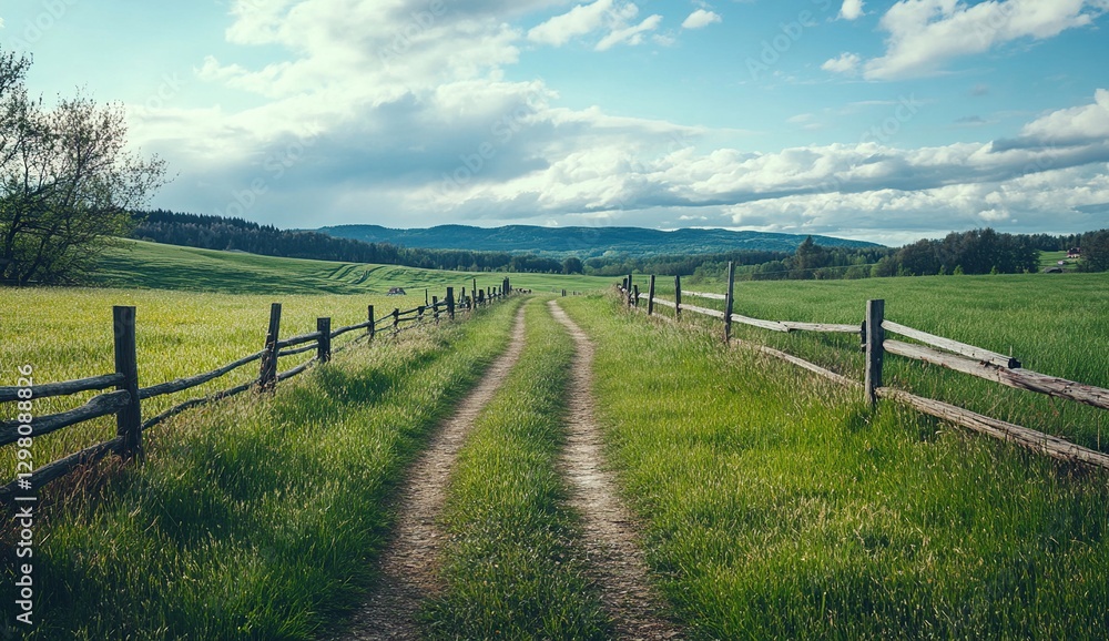 Serene Countryside Path: A Dirt Road Through a Lush Green Field with Wooden Fences Under a Sunny Sky Serene Countryside Path: A Dirt Road Through a Lush Green Field with Wooden Fences Under a Sunny Sky