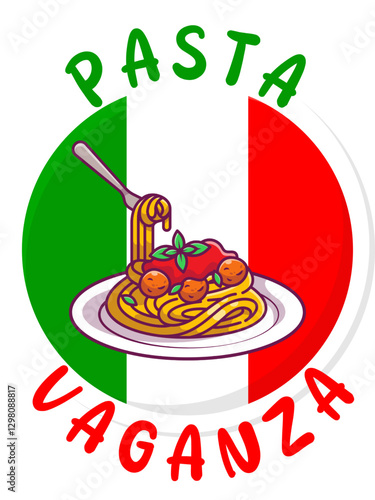 A colorful vector logo featuring a plate of spaghetti with meatballs and tomato sauce, set against the Italian flag. Pasta Vaganza text adds a fun, Italian cuisine-inspired touch.Can be use as logo