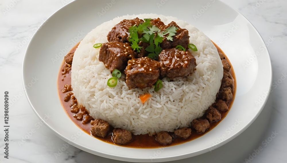 plain rice with beef chunks, with rendang sauce on top, on top of a white plate. long shot angle camera.plate, meal, delicious, food, lunch, meat, vegetable, cookery, sauce, beef, chicken, 78 plain rice with beef chunks, with rendang sauce on top, on top of a white plate. long shot angle camera.plate, meal, delicious, food, lunch, meat, vegetable, cookery, sauce, beef, chicken, 78