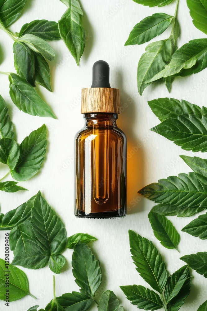 Amber bottle with wooden cap surrounded by fresh green leaf patterns Amber bottle with wooden cap surrounded by fresh green leaf patterns