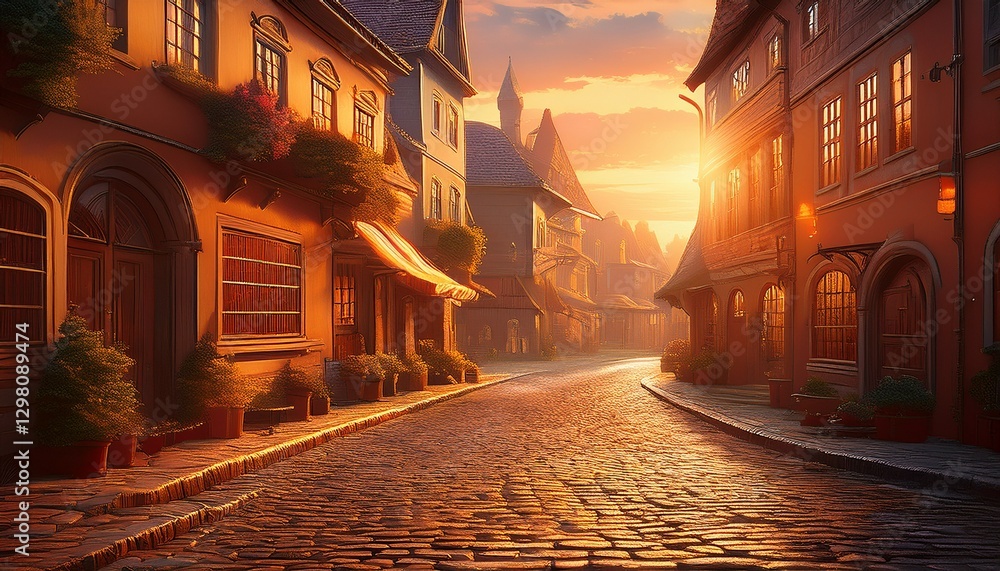 Obraz premium Quaint vintage street: cobblestone road, warm sunset, nostalgic mood. Timeless charm of old Europe. Ideal for travel & history themes.