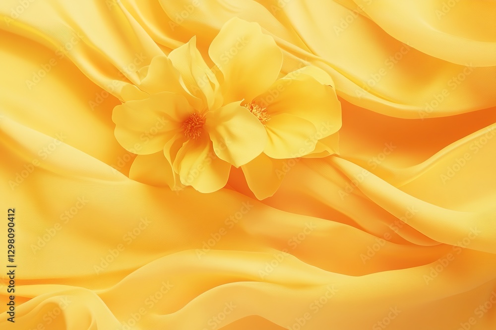 Obraz premium Soft yellow fabric draping elegantly, adorned with delicate bloo
