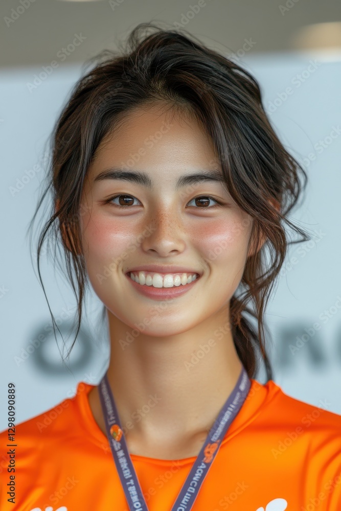 Close-up portrait of a smiling woman wearing an orange shirt and lanyard Close-up portrait of a smiling woman wearing an orange shirt and lanyard