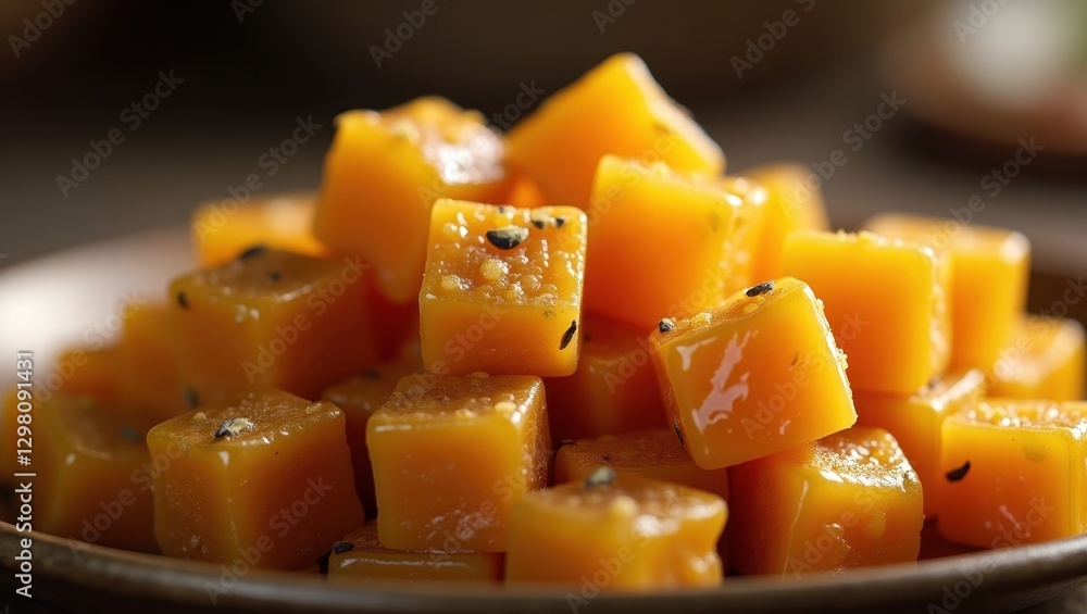 Jaggery. Plate is full of cubes of butternut and small amount of pepper Jaggery. Plate is full of cubes of butternut and small amount of pepper