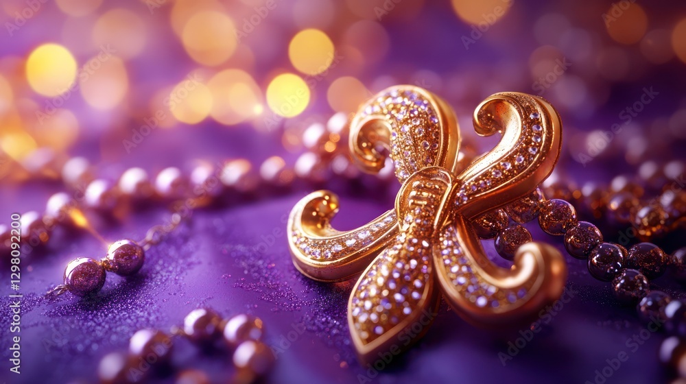 Naklejka premium Glittering Fleur-de-lis, beads, purple, festive, bokeh