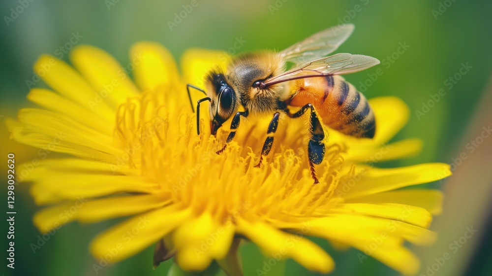 Bee pollinating bright yellow flower in a garden during spring Bee pollinating bright yellow flower in a garden during spring
