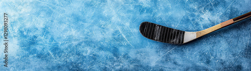 Overhead View of a Hockey Stick Resting on a Frozen Blue Ice Rink Surface