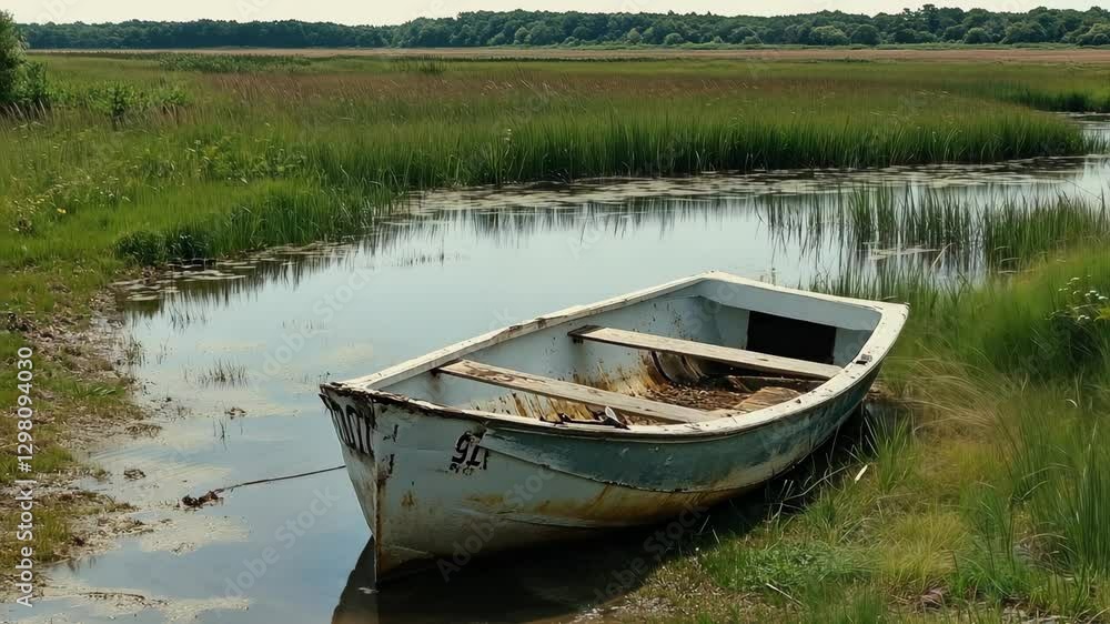 Old wooden boat rests in calm waters surrounded by lush green marshland on a sunny day Old wooden boat rests in calm waters surrounded by lush green marshland on a sunny day