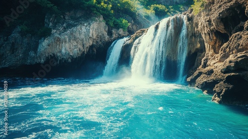 Majestic waterfall cascading into vibrant blue pool in nature