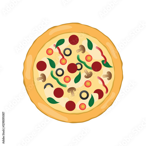 Whole pizza with lots of toppings isolated on a white background