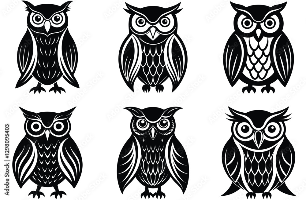 Obraz premium Black and White Owl Illustrations with Diverse Artistic Styles