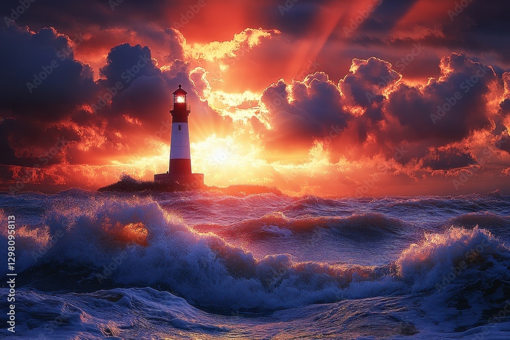 ** Dramatic Lighthouse at Sunset with Vibrant Sky and Ocean Waves Capturing the Power and Beauty of Nature's Elements..** ** Dramatic Lighthouse at Sunset with Vibrant Sky and Ocean Waves Capturing the Power and Beauty of Nature's Elements..**