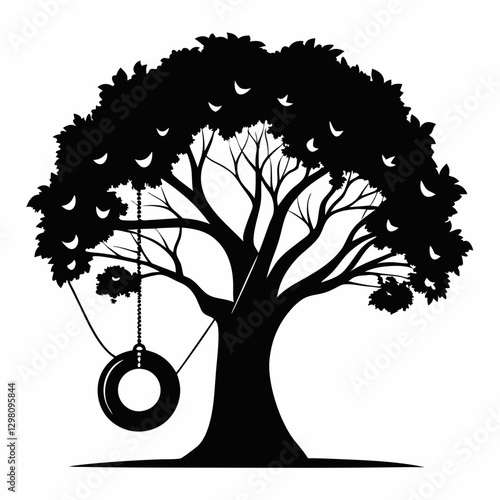 Mystical Tree with Hanging Tire Swing and Crescent Moon Leaves - Black Silhouette Vector

