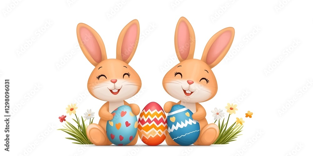 Two rabbits are sitting next to each other and holding Easter eggs Two rabbits are sitting next to each other and holding Easter eggs