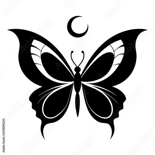 Mystical Butterfly with Crescent Moon - Black Silhouette Vector

