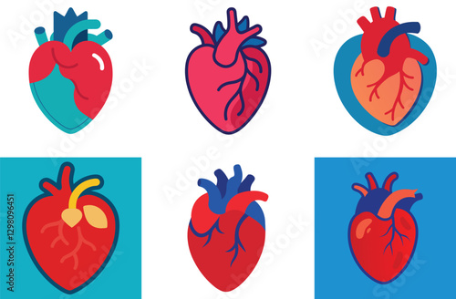 Stylized Illustrations of Human Hearts in Various Colors and Designs