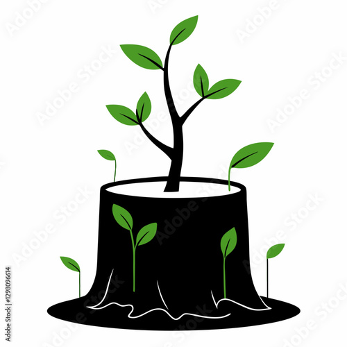 Tree Stump with New Green Sprouts – Regrowth and Sustainability Vector Illustration

