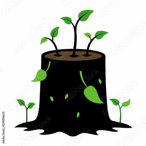 Tree Stump with New Green Sprouts – Regrowth and Sustainability Vector Illustration

