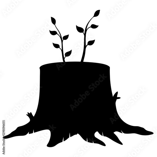 Black Silhouette of Tree Stump with New Growth - Vector Illustration

