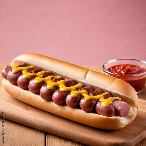 A photo quality ad of a simple street hotdog with a pinkish sausage, mustard and ketchup on it, wooden plate background,hot dog, fast food, dog, fast, lunch, meat, wiener, grilled, hot, isolated,6 photo