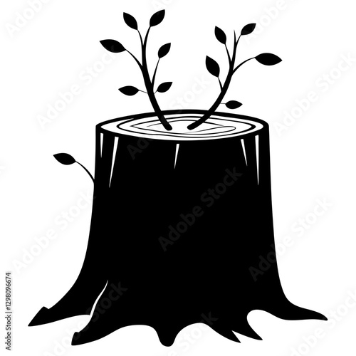 Black Silhouette of Tree Stump with New Growth - Vector Illustration

