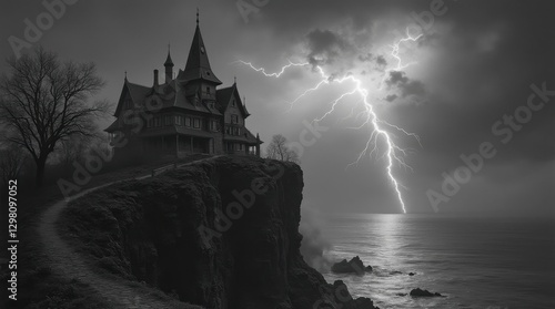 Gothic Mansion on a Cliff Bathed in Lightning