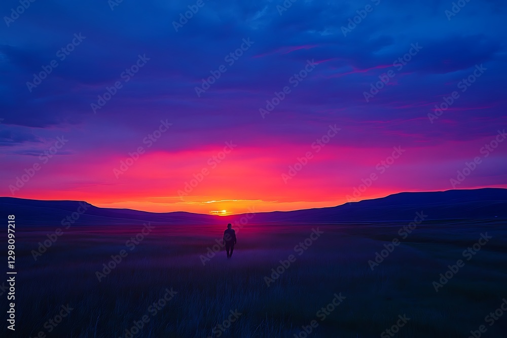 Fototapeta premium Man walks sunset field, mountains