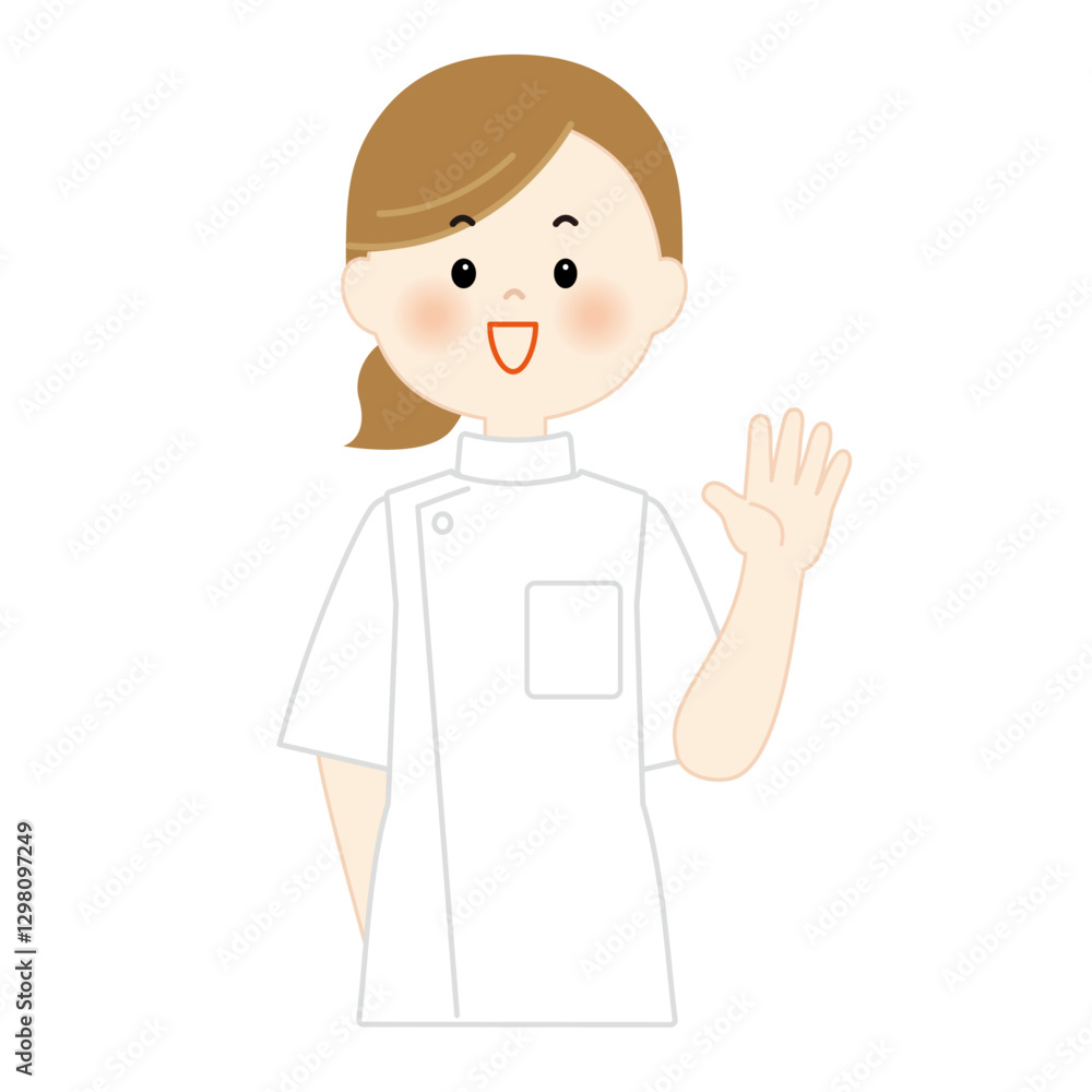 手を振る医療従事者　女性　上半身