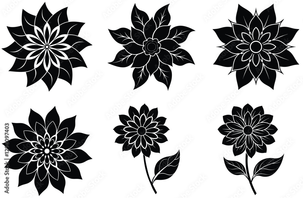 Fototapeta premium Six Black and White Floral Designs with Intricate Petal Patterns