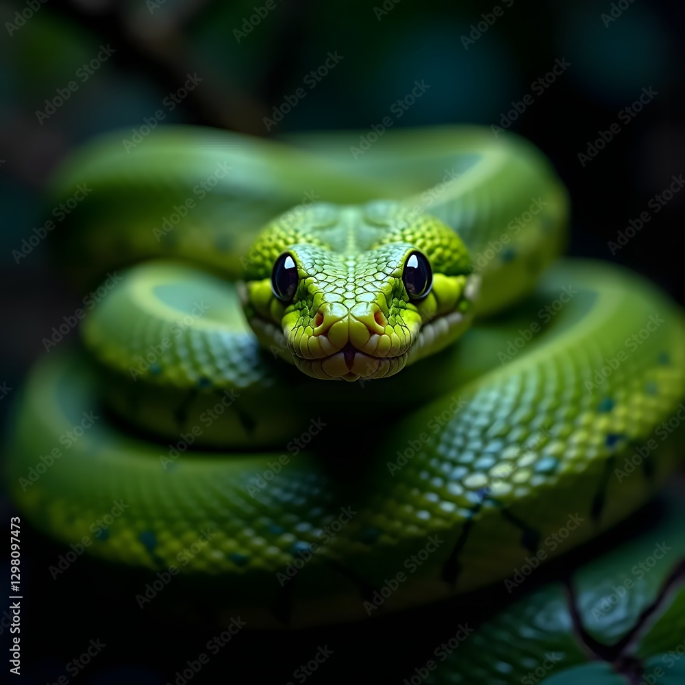 Fototapeta premium Coiled green snake with piercing eyes
