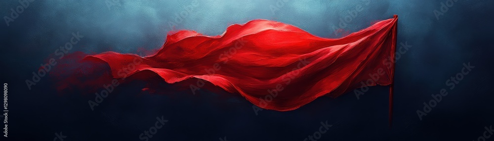 Fototapeta premium Bold Red Flag Waving Against a Dark Blue Background, Symbolizing Revolution and Power