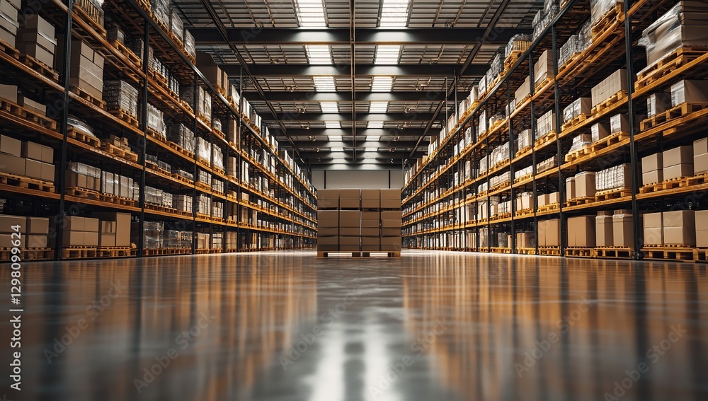 Fototapeta premium Extensive Warehouse Interior with Rows of Cardboard Boxes on Shelving