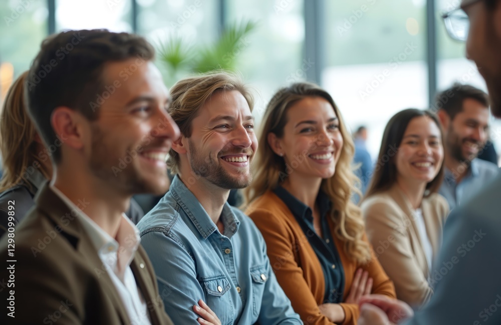 Obraz premium Staff shares laugh listening to startup business owner at trade show. Group of diverse smiling people at conference, expo event. Interaction, presentation, conversation, gathering for marketing,