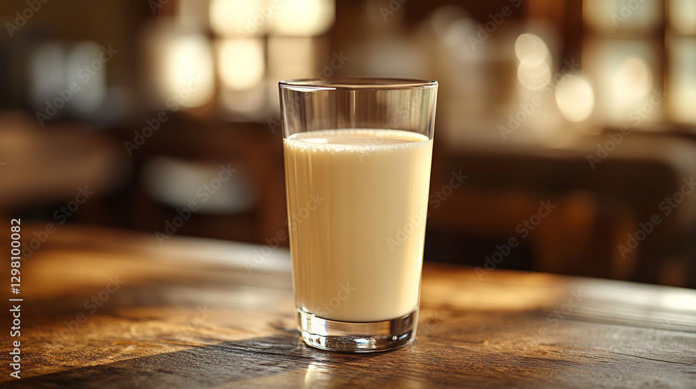 A glass of creamy white milk sits on a wooden table, fresh and non-homogenized. The modern, bright backlight creates a soft, blurred background, highlighting the purity and simplicity A glass of creamy white milk sits on a wooden table, fresh and non-homogenized. The modern, bright backlight creates a soft, blurred background, highlighting the purity and simplicity