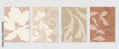 Set of abstract foliage poster vector. Leaves, flower, organic shapes, earth tone colors, leaf branch. Illustration design for Eco packaging, interior, cover, wall art, wallpaper.