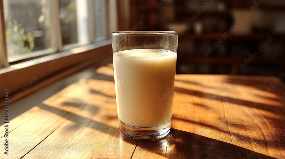 A glass of creamy white milk sits on a wooden table, fresh and non-homogenized. The modern, bright backlight creates a soft, blurred background, highlighting the purity and simplicity A glass of creamy white milk sits on a wooden table, fresh and non-homogenized. The modern, bright backlight creates a soft, blurred background, highlighting the purity and simplicity