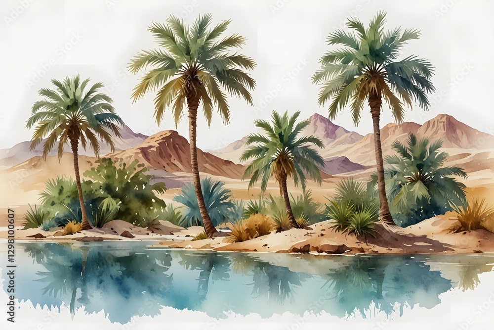 Fototapeta premium Tranquil desert oasis with palm trees and clear water in watercolor style