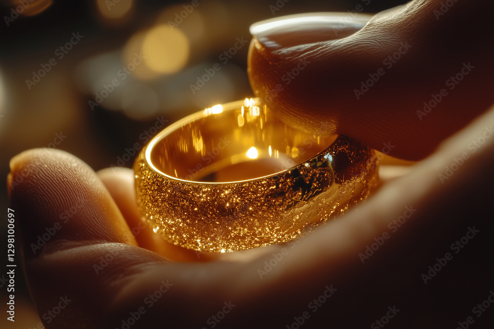 A person holds in hand a magical glowing golden ring in hand close up background.. A person holds in hand a magical glowing golden ring in hand close up background..