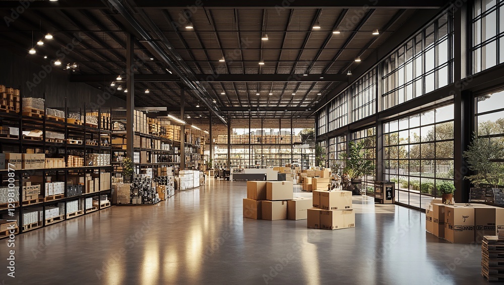 Spacious Modern Warehouse Interior with Cardboard Boxes and Shelving
