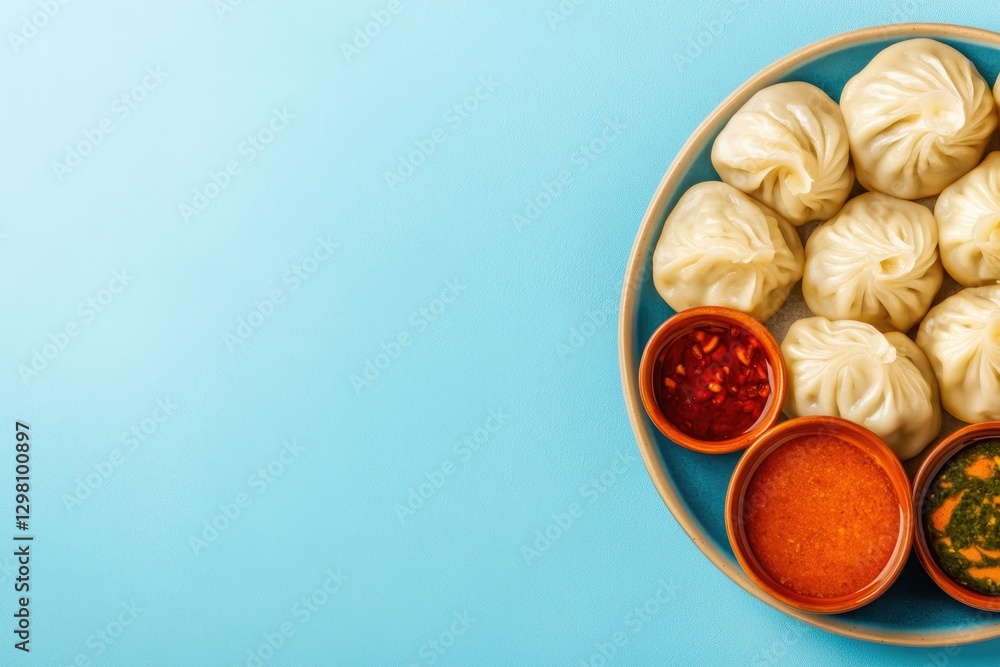 Delicious dumplings arranged on vibrant plate with colorful dipp Delicious dumplings arranged on vibrant plate with colorful dipp