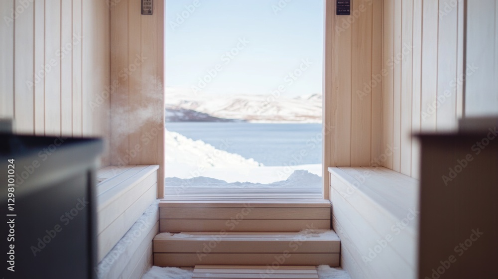 Fototapeta premium Enjoying a peaceful moment at a remote Nordic sauna retreat with stunning fjord views and the serene ambiance of a winter landscape