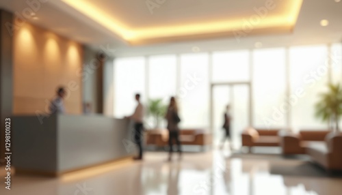 Blurred hotel lobby with reception desk  seating area. Modern interior with elegant design  comfortable sofas  large windows  soft lighting. Creates serene  sophisticated atmosphere for relaxation 