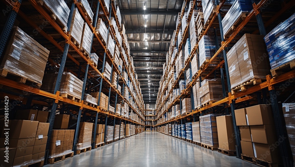 Fototapeta premium Extensive Warehouse Interior with Rows of Packed Shelves and Aisles