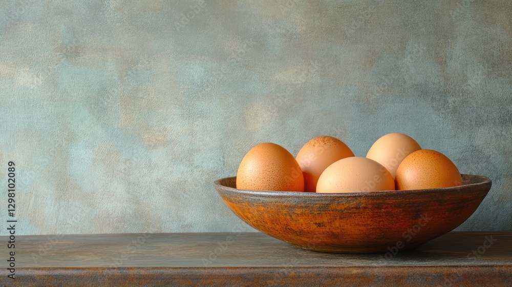 Four brown eggs in rustic wooden bowl on table. Four brown eggs in rustic wooden bowl on table.
