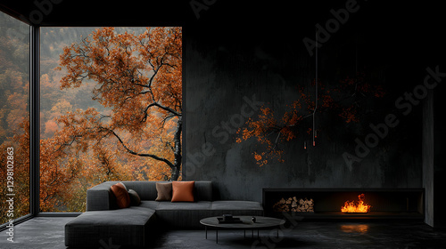 Autumnal mountain view from modern living room