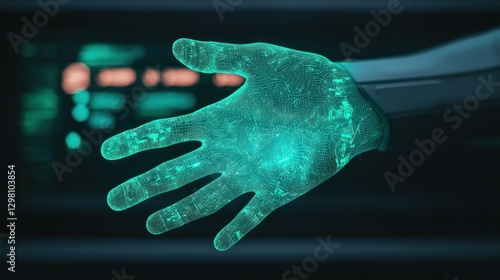 Biometric hand scanner authenticating user's identity high-tech environment digital art futuristic viewpoint photo